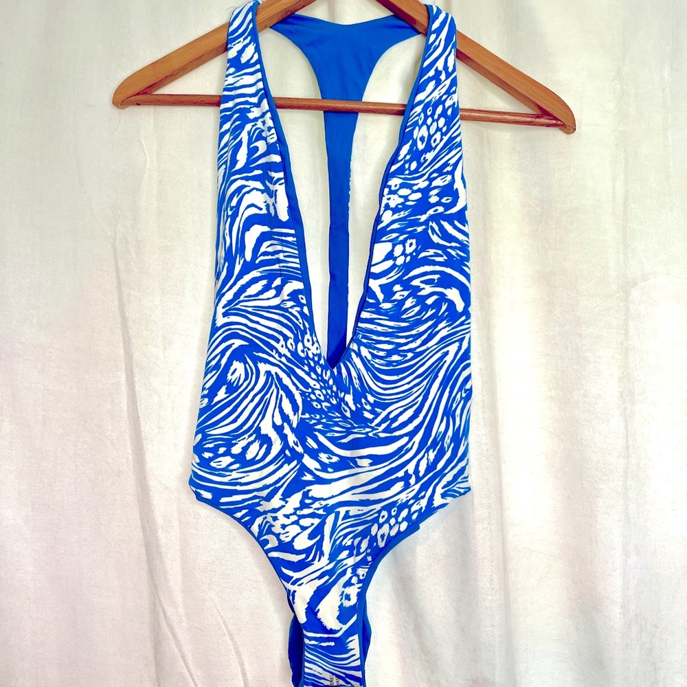 NEW w/ Tags Maaji Blue Bell Tiky Plunge Reversible One Piece Swimsuit